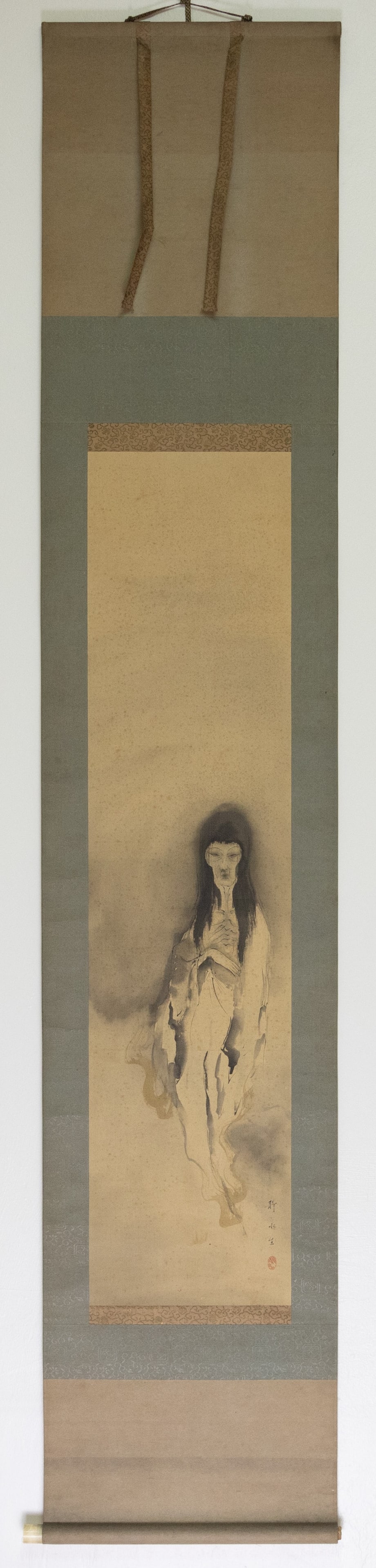 Seisuisei, Female Ghost, Antique Japanese Scroll Painting: Female Ghost Signed: Seisuisei Date: early 20th century Size: Overall: 199.6 x 38.8 cm, Image: 118.3 x 26.7 cm Condition: Foxing, wear consistent with use. Ref: JG052530