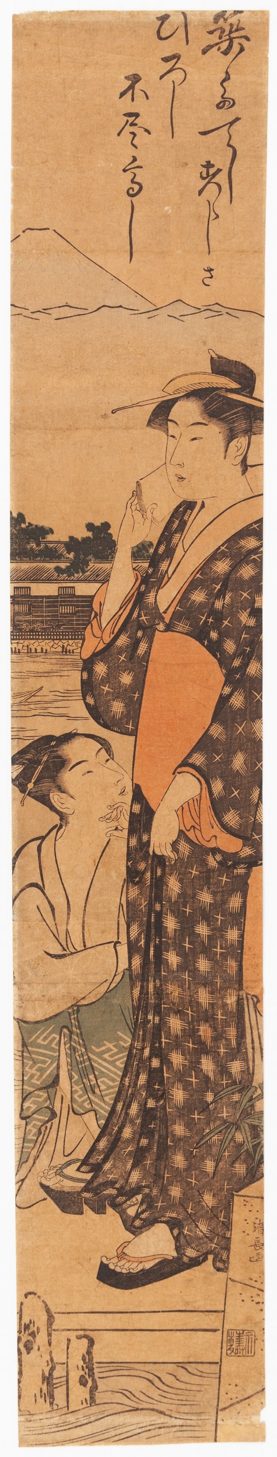 Kiyonaga Torii, Two Women by a River, 18th Century Hashira-e: Artist: Kiyonaga Torii (1752-1815) Title: Two Women by a River Publisher: Nishimuraya Yohachi Date: c.1770s Size: 65.9 x 11.6 cm Condition: Trimmed, both panels attached, browning, light tears, wear a