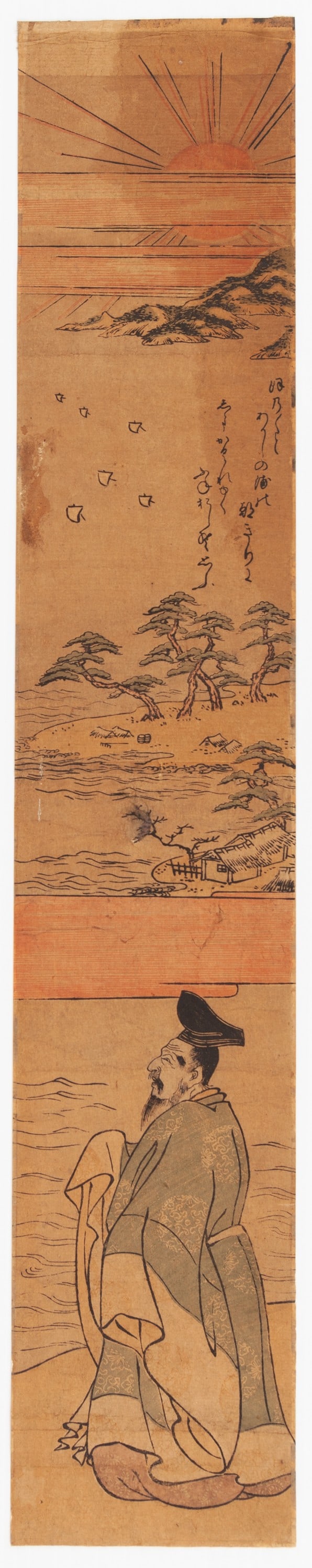 Kakinomoto no Hitomaro, Master of Poem, Edo Pillar Print: Artist: No signature Title: Kakinomoto no Hitomaro, the Master of Poem Publisher: No seal Date: c.1800s Size: 65 x 12 cm Condition: Joined panels. Stain in upper right corner, glue residue on upper le