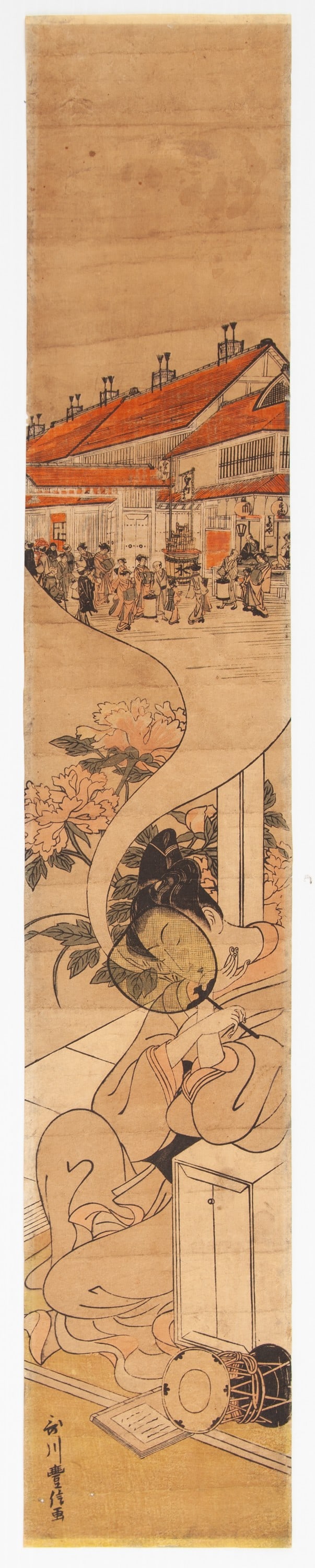 Toyonobu Ishikawa, Young Man and Pleasure Quarter, Ukiyo-e: Artist: Toyonobu Ishikawa (1711 - 1785) Title: Young man dreaming about the pleasure quarter Date: late 18th century Size: 69.3 x 12 cm Condition: Discoloured due to previous mounting, wear and soiled