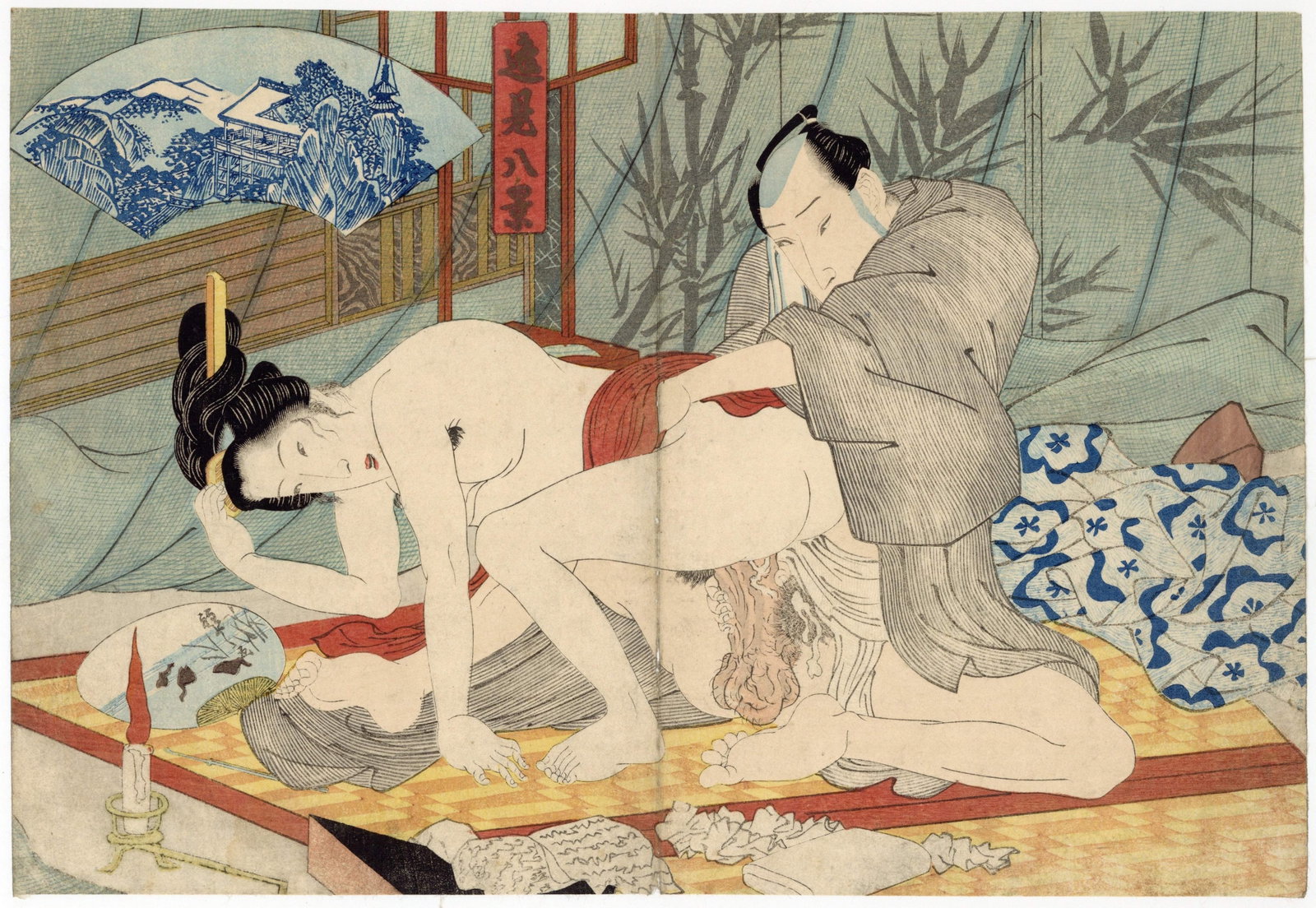 Kuniyoshi, Parody of the Eight View of Omi Province, Shunga: Artist: Kuniyoshi Utagawa (1798-1861) Title: Erotica, Parody of the Eight View of Omi Province Publisher: No seal Date: 1833 Size: 24.9 x 36.4 cm Condition: Vertical centrefold, minor creases, small h