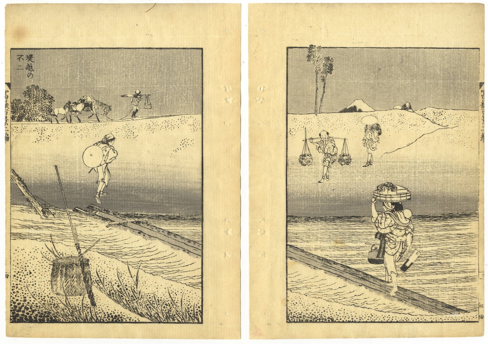 Katsushika Hokusai, Mt. Fuji over a Bank, Manga: Artist: Katsushika Hokusai (1760 - 1849) Title: Mt. Fuji over a Bank Series: One Hundred Views of Mt Fuji, Volume 2 Publisher: Toheki-do Date: 1814-1878 Size: (L) 15.6 x 22.3 cm (R) 15.6 x 22.3 cm Con