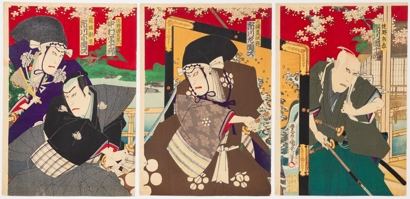 Kunichika Toyohara, Kabuki Play, Japanese Antique Print: Artist: Kunichika Toyohara (1835-1900) Title: Kabuki Play, Yushoku Kamakurayama Publisher: Kobayashi Tetsujiro Date: 1885 Purchase price: 12,000 Size: (L) 37.1 x 25.4, (C) 37.1 x 25.4, (R) 37.2 x 25.3