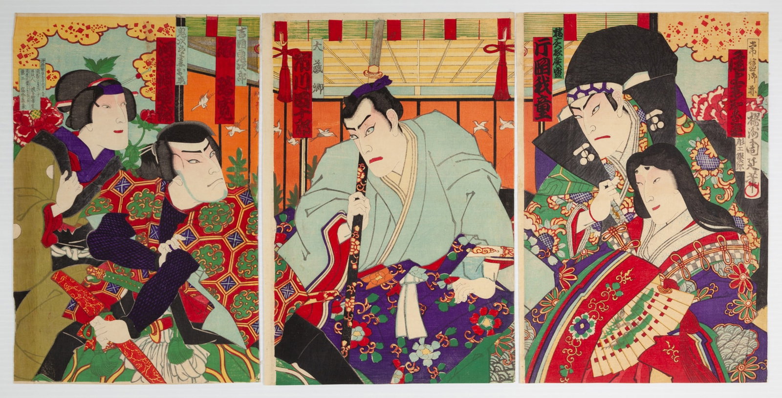 Chikanobu Yoshu, Kabuki play, Tale of Ichijo Okura, Ukiyo-e: Artist: Chikanobu Yoshu (1838-1912) Title: Kabuki play, The Tale of Ichijo Okura Publisher: Hashimoto Naoyoshi Date: 1882 Size: (L) 35.9 x 23.9 (C) 36 x 24.4 (R) 36 x 24.5 cm Condition: Light wear, gl