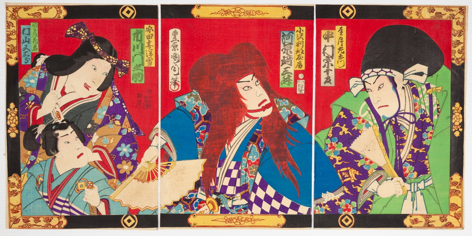Kunichika Toyohara, Kabuki play, Mochiduki, Antique Art: Artist: Kunichika Toyohara (1835-1900) Title: Kabuki play, Mochiduki Publisher: Matsuei Date: 1875 Size: (L)35.7 x 24.1 (C)35.8 x 24.2 (R)35.8 x 24.2 cm Condition: Some spots and faint stains, pinhole