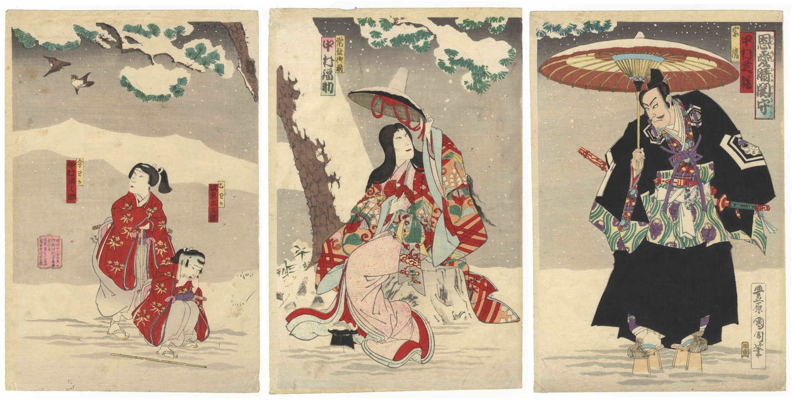 Kunichika Toyohara, Kabuki play, Lady Tokiwa, Snow Scene: Artist: Kunichika Toyohara (1835-1900) Title: Kabuki play, Lady Tokiwa and her sons Publisher: Shimizu Bunzo Date: 1889 Size: (L)24.8 x 37.2, (C) 24.8 x 37.3, (R)24.6 x 37. 2 cm Condition: Small hole 