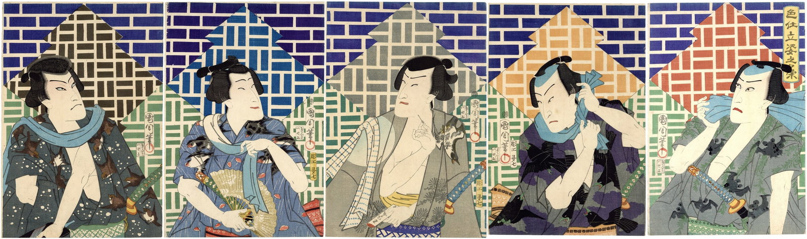 Tokuni III Utagawa, Five Bandits in Design Kimono, Yakusha-e (1 of 12)