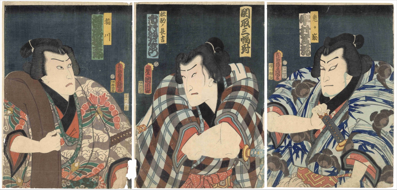 Toyokuni III, Kunichika, Mitate-e, Actors as Sumo Wrestlers: Artist: Toyokuni III Utagawa (1786-1865), Kunichika Toyohara(1835-1900) Title: Mitate-e, Actors Seen as Sumo Wrestlers Publisher: Izutsuya Shokichi Date: 1862 Size: (L) 36.2 x 25.3, (C) 36.1 x 25.4, (