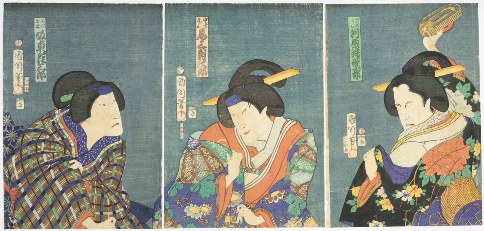 Kunichika Toyohara, Gohiiki Soga Ichiza Tehajime, Onnagata: Artist: Kunichika Toyohara (1835-1900) Title: Gohiiki Soga Ichiza Tehajime Publisher: Maruya Heijiro Date: 1867 Size: (L) 34.0 x 24.0, (C) 33.9 x 24.3, (R) 33.9 x 23.8 cm Condition: Trimmed, some thin