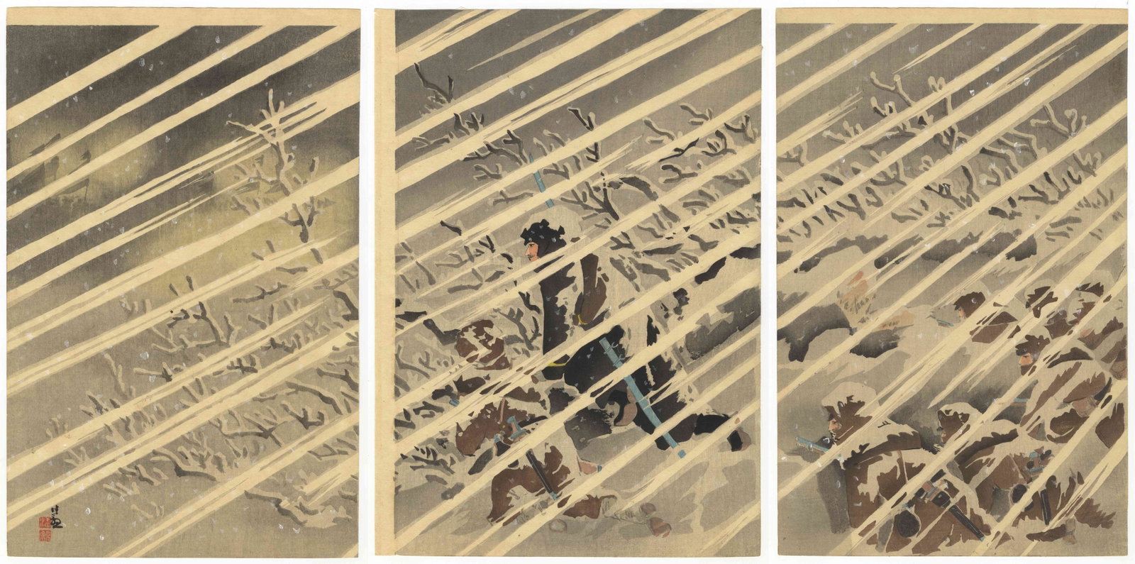 Kiyochika, Occupation of Tianzhuangtai, Snow Scene: Artist: Kiyochika Kobayashi (1847-1915) Title: Illustration of the Attack and Occupation of Tianzhuangtai Publisher: Ito Isaburo Date: 1895 Size: (L) 36.1 x 23.1, (C) 34.9 x 24.6, (R) 36.2 x 23.2 cm C