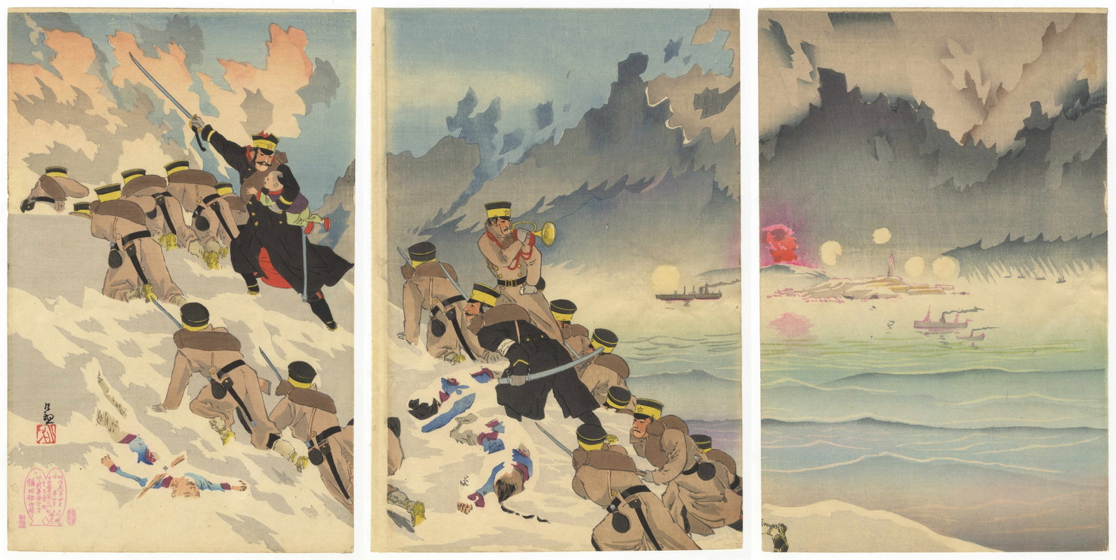 Kiyochika Kobayashi, Captain Higuchi and Orphan, Meiji War: Artist: Kiyochika Kobayashi (1847-1915) Title: Captain Higuchi Takes an Orphan in His Arms during the Hard Fighting Publisher: Fukuda Hatsujiro Date: 1895 Size: (L) 36.2 x 23.1, (C) 35.7 x 24.3, (R) 3