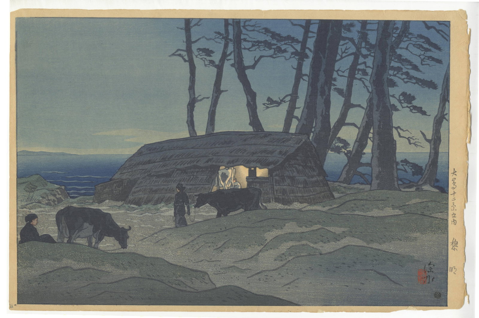 Shinsui Ito, Daybreak, Oshima Islands, Shin-Hanga *: Artist: Shinsui Ito (1898-1972) Title: Daybreak Series: Twelve Views of Oshima Islands Publisher: Watanabe Shozaburo Date: 1937 Size: 28.3 x 42.9 cm Condition: Wear and some tears in margins. * Please