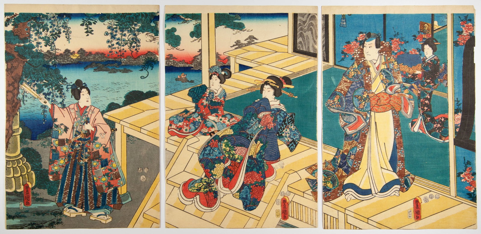 Toyokuni III Utagawa, Tales of Genji, Antique Japanese Art: Artist: Toyokuni III Utagawa (1786-1865) Title: Tales of Genji, Relaxing at the Residence Publisher: Tsujiya Yasubei Date: 1852 Size: (L) 37.3 x 25.5, (C) 37.2 x 25.5, (R) 37.3 x 25.4cm Condition: Lig