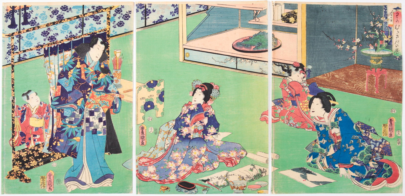 Toyokuni III, Wakamurasaki, Tale of Genji, Ukiyo-e: Toyokuni III Utagawa, Genji, Beauty, Edo woodblock print Artist: Toyokuni III Utagawa (1786-1865) Title: Wakamurasaki, from 'The Tale of Genji' Publisher: Tsujiya Yasubei Date: 1854 Size: (L)36.1 x 24