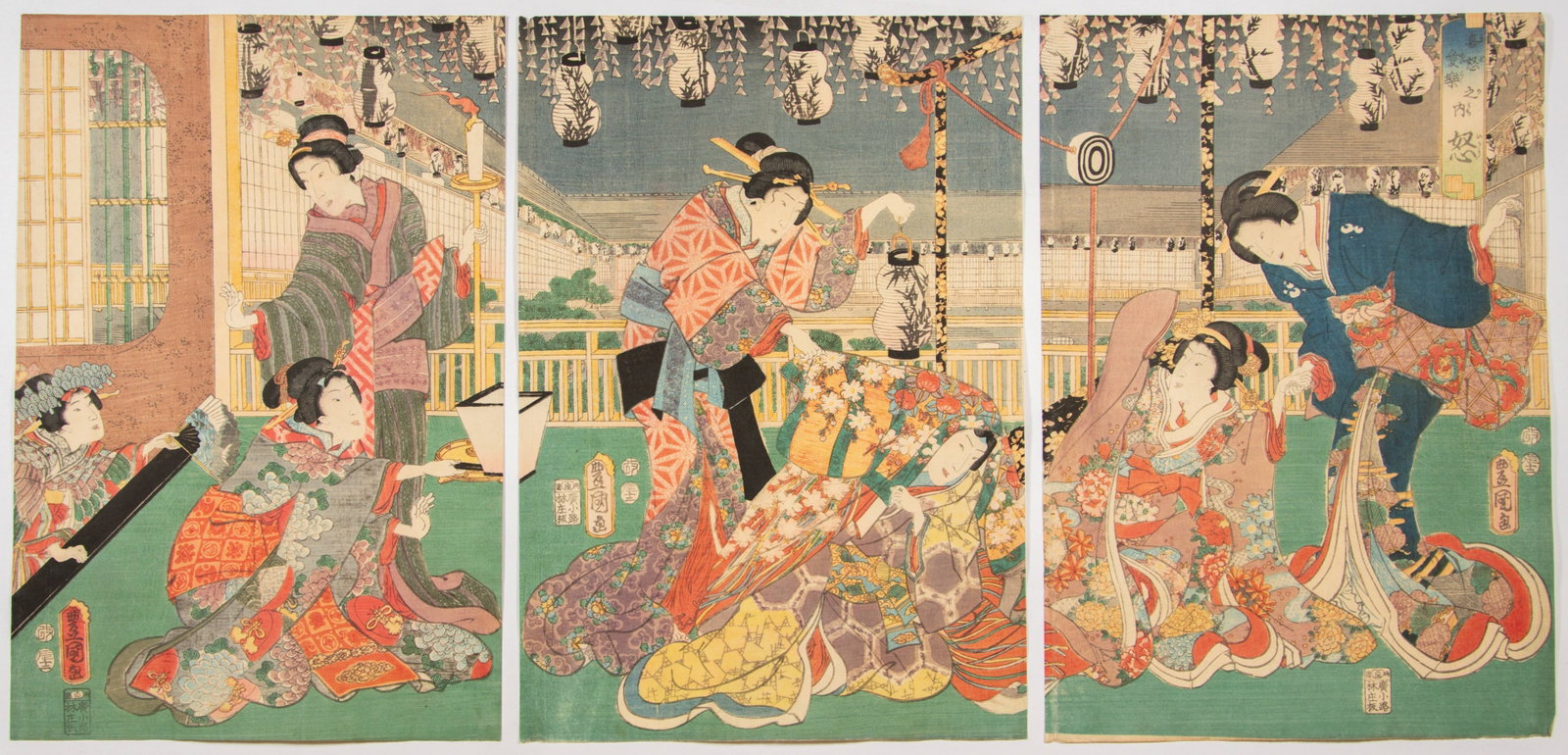 Toyokuni III Utagawa, Anger, Four Emotions, Beauty Print: Artist: Toyokuni III Utagawa (1786-1865) Title: Anger Series title: The Four Emotions Publisher: Hayashiya Shogoro Date: 1856 Size: (L) 35.4 x 23.8 (C) 35.4 x 24.8 (R) 35.5 x 24.6 cm Condition: Slight