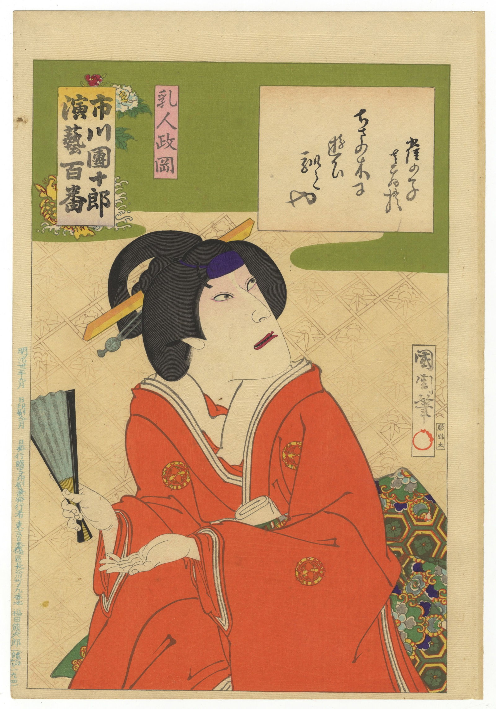 Kunichika, Nanny Masaoka, Ichikawa Danjuro, Onnagata: Artist: Kunichika Toyohara (1835-1900) Title: Nanny Masaoka Series: One Hundred Roles of Ichikawa Danjuro Publisher: Fukuda Kumajiro Date:1898 Size: 35.4 x 24.4 cm Condition: Good for age, trimmed, li