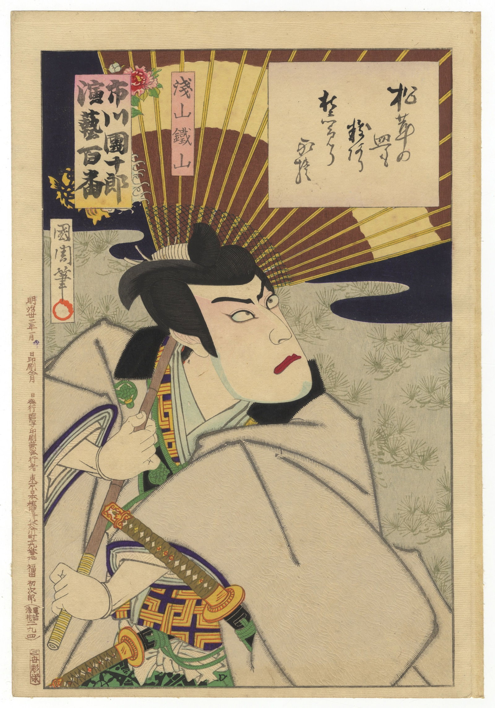 Kunichika Toyohara, Asayama Tessan, Roles of Danjuro: Artist: Kunichika Toyohara (1835-1900) Title: Asayama Tessan Series: One Hundred Roles of Ichikawa Danjuro Publisher: Fukuda Kumajiro Date:1898 Size: 35.5 x 24.5 cm Condition: Good for age, light fold