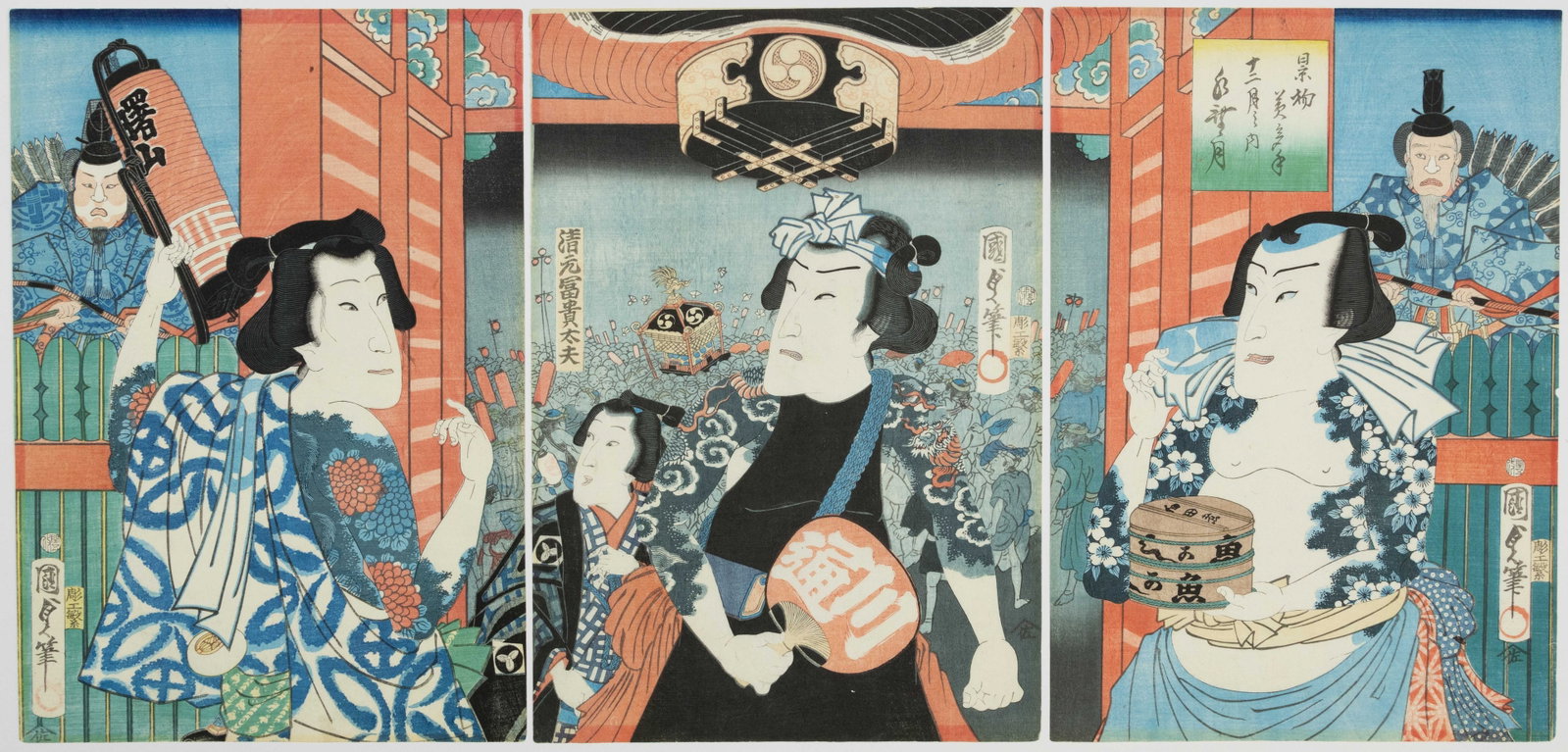 Kunisada II, July, Actors at Asakusa, Yakusha-e, Tattoo: Artist: Utagawa Kunisada II (1823 - 1880) Title: July. Portrait of actors at Kaminari Gate of Asakusa Publisher: Yama Sa [unknown] Date: 1865 Size: (L) 35.1 x 24.4, (C) 35.2 x 24.4, (R) 35.1 x 24.4 cm