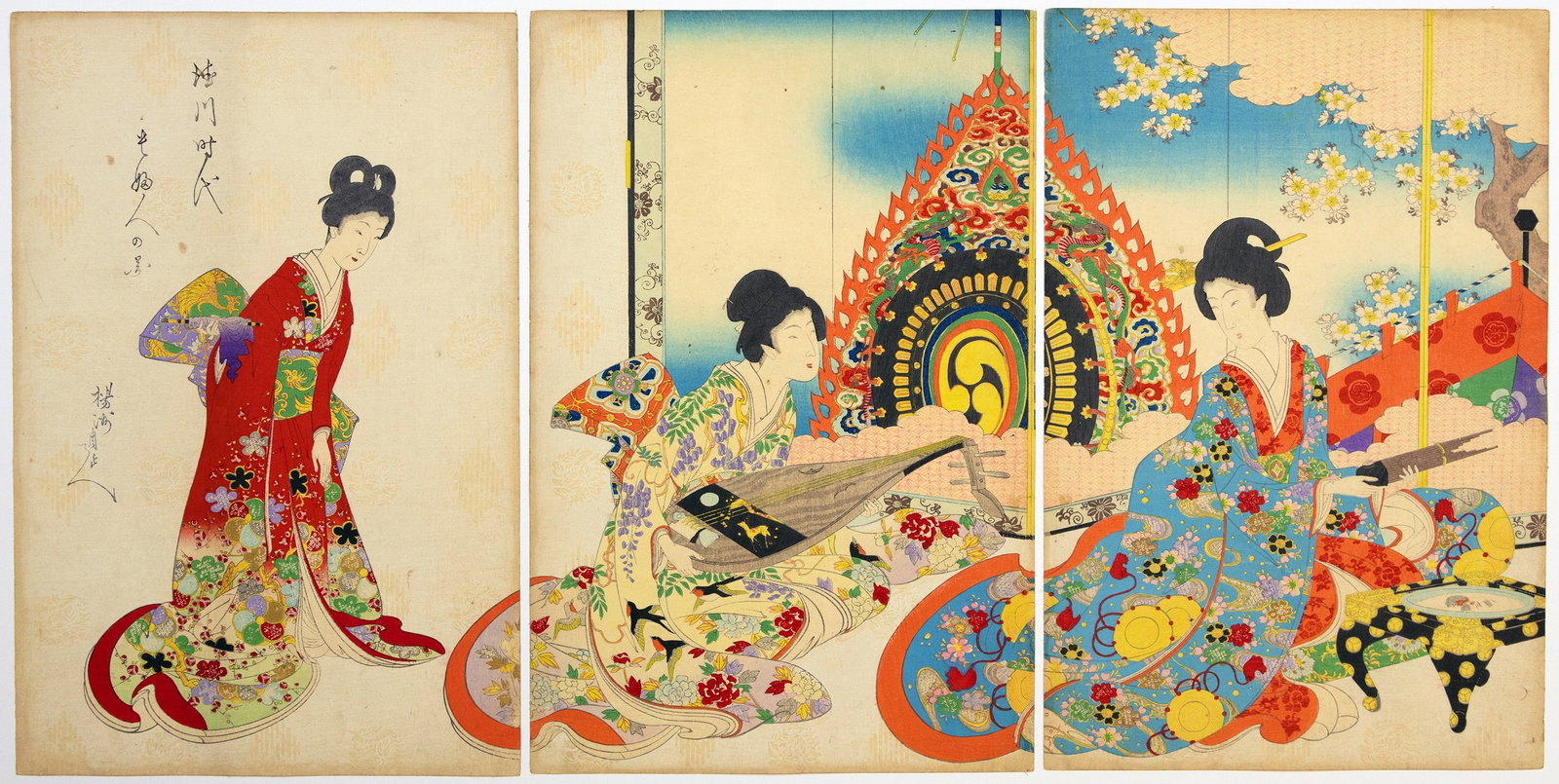 Chikanobu Yoshu, Musical Ensemble, Tokugawa Era, Meiji Print: Artist: Chikanobu Yoshu (1838-1912) Title: The Musical Ensemble Series title: High-Ranking Ladies of the Tokugawa Era Publisher: No Seal Date: 1890s Size: (L) 35.5 x 23.5, (C) 35.5 x 23.5, (R) 35.5 x 