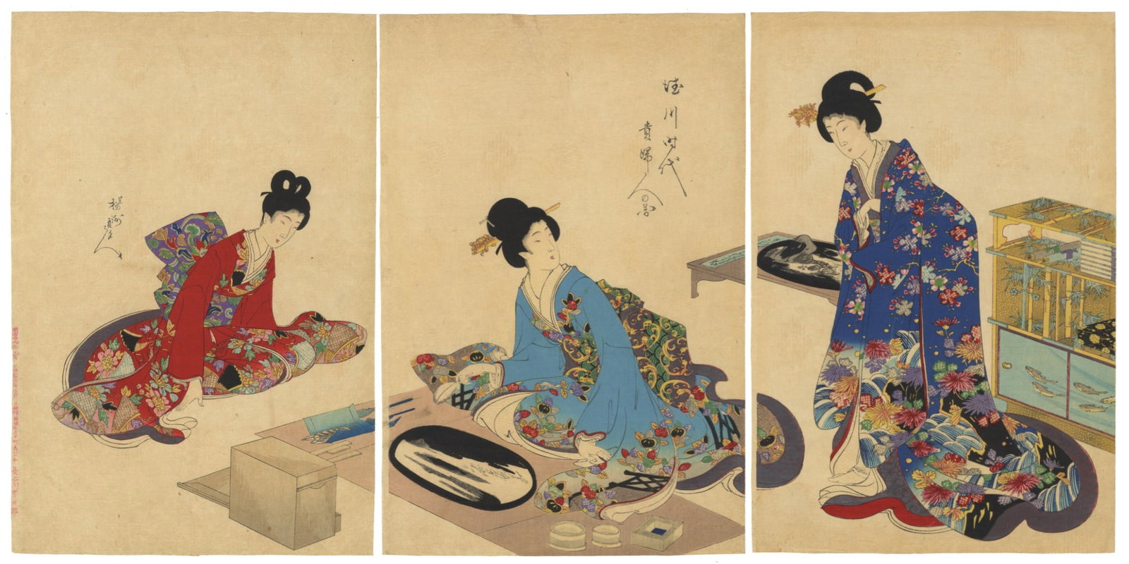 Chikanobu Yoshu, Making a Garden, Ladies of Tokugawa Era: Artist: Chikanobu Yoshu (1838-1912) Title: Making a Small Garden Series: High-ranking Ladies of the Tokugawa Era Publisher: Hasegawa Tsunejiro Date: 1896 Size: (L) 36.8 x 24.9, (C) 36.8 x 24.9, (R) 36