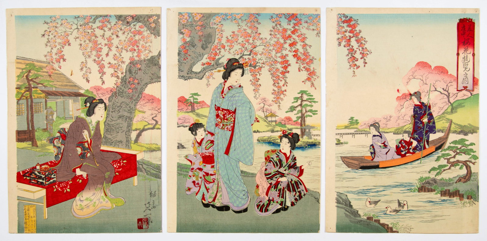 Nobukazu Yosai, Beauties Under Cherry Blossoms, Meiji Jidai: Artist: Nobukazu Yosai (1872-1944) Title: Beauties Under the Cherry Blossoms Publisher: Higuchi Gintaro Date: 1893 Size: (L) 36.9 x 25.1, (C) 36.9 x 25.1, (R) 36.9 x 25.1 cm Condition: Trimmed, horizo