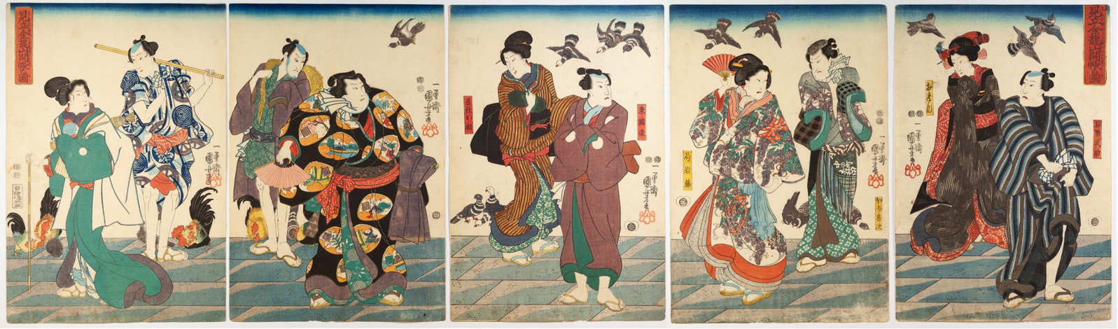 Kuniyoshi, Scene of Kabuki Actors, Kinryuzan Gokaicho: Artist: Kuniyoshi Utagawa (1798-1861) Title: Imaginary Scene of Actors, Kinryuzan Gokaicho Publisher: Ibaya Senzaburo Date: 1847-1852 Size: (FL) 36.7 x 25, (L) 36.7 x 25.2, (C) 36.7 x 25.1, (R) 36.7 x