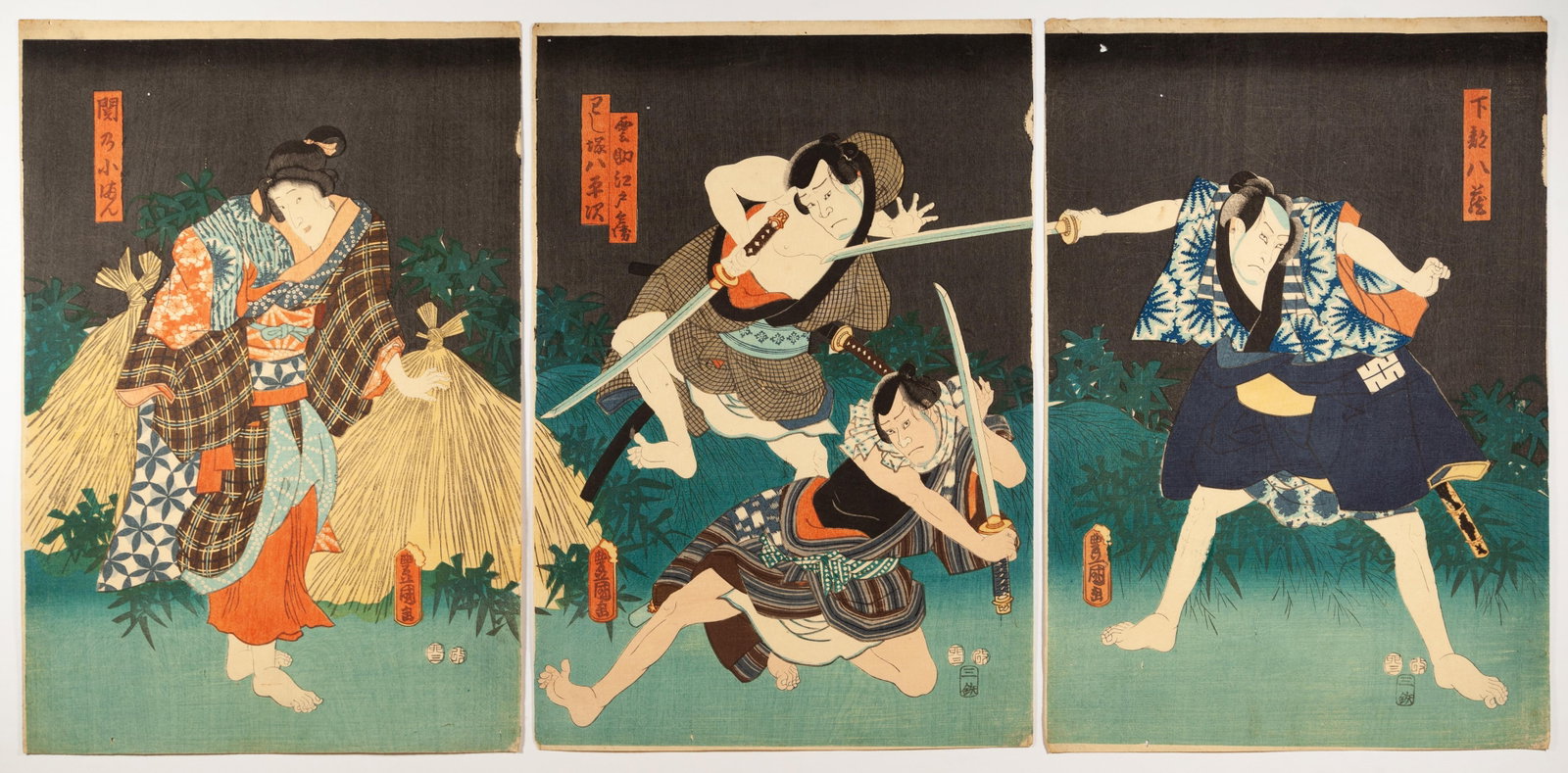 Toyokuni III, Hanabutai Banjaku Soga, Antique Kabuki Print: Artist: Toyokuni III Utagawa (1786-1865) Title: Kabuki Play "Hanabutai Banjaku Soga" Publisher: Mikawaya Tetsugoro Date: 1855 Size: (L) 37.9 x 25.7, (C) 37.6 x 25.8, (R) 37.7 x 25.9 cm Condi