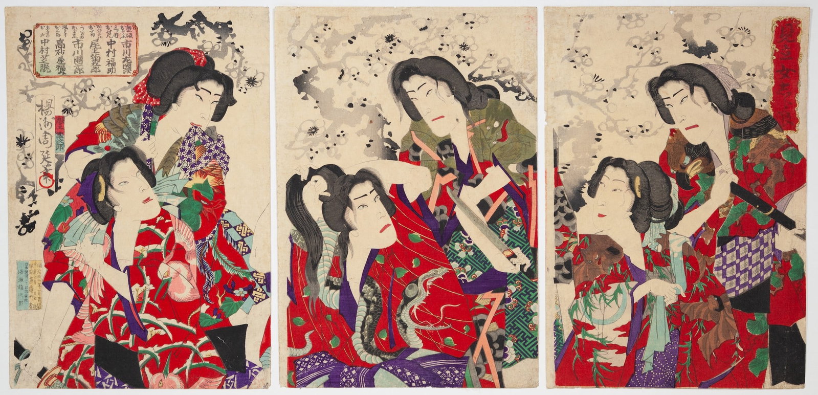 Chikanobu Yoshu, Actors in Female Roles, Parody of Shiranami: Artist: Chikanobu Yoshu (1838-1912) Title: Actors in Female Roles, Parody of Shiranami Publisher: Fukase Kamejiro Date: 1889 Size: (L) 35.6 x 24.3, (C) 35.7 x 24.4, (R) 35.7 x 24.4 cm Condition: Thin 