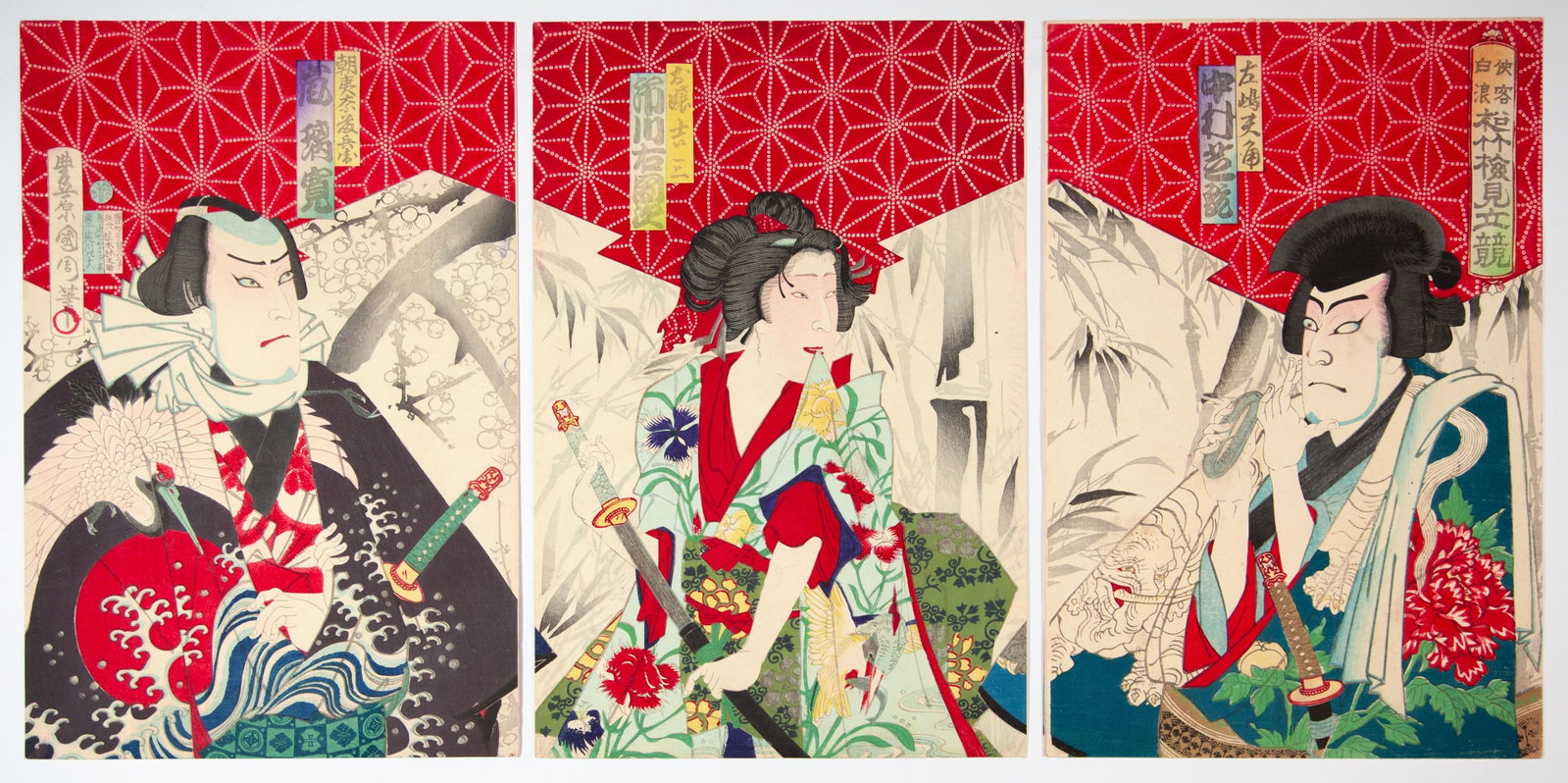 Kunichika, Three Bandits of Shiranami, Antique Kabuki Print: Artist: Kunichika Toyohara (1835-1900) Title: Three Bandits of Shiranami Publisher: Ueki Rinnosuke Date: 1882 Size: (L) 35.4 x 23.7, (C) 35.4 x 23.6, (R) 35.4 x 23.9 cm Condition: Slightly trimmed, ba