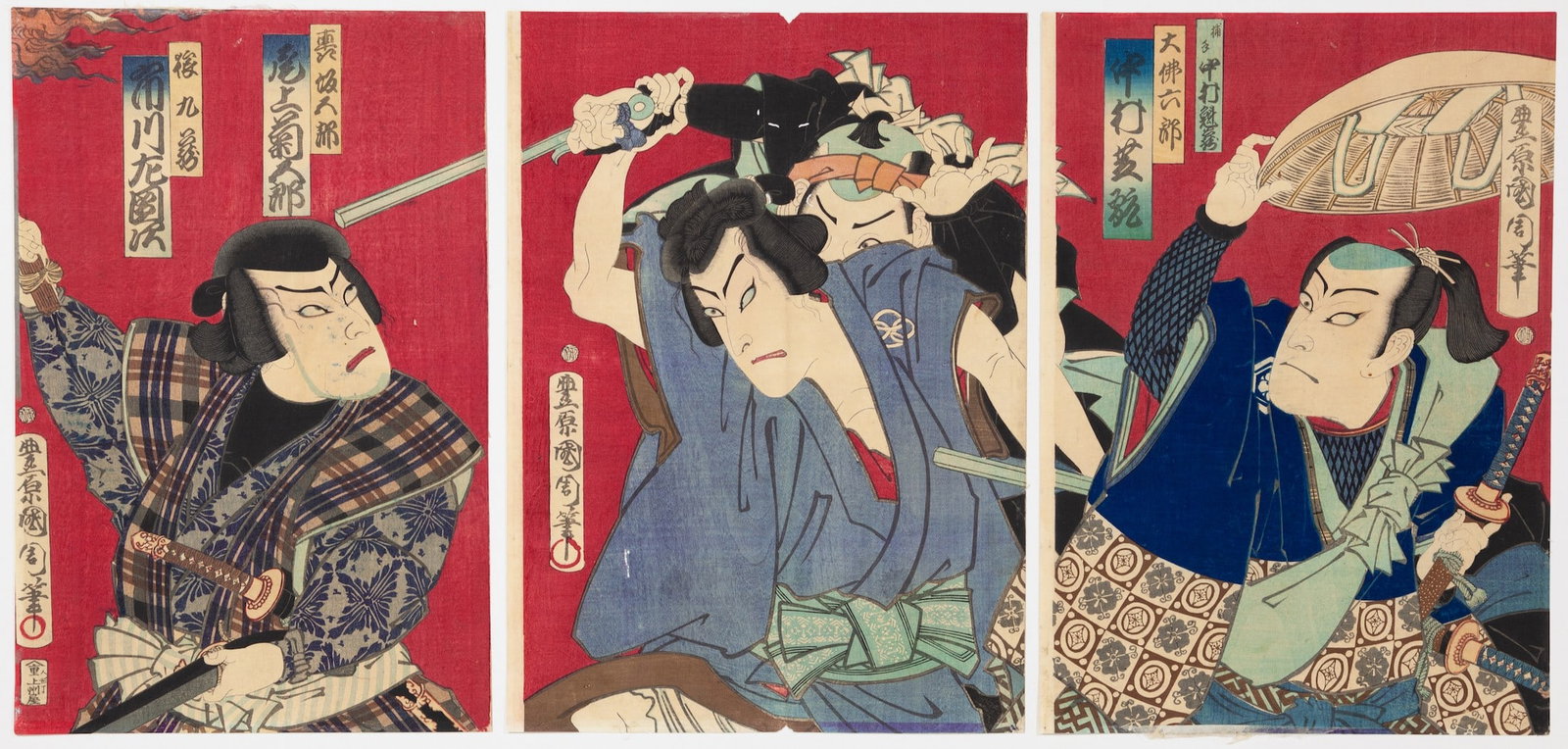 Kunichika, Meiji Nenkan Azuma Nikki, Antique Kabuki Print: Artist: Kunichika Toyohara (1835-1900) Title: Kabuki Play, Meiji Nenkan Azuma Nikki Publisher: Joshuya Juzo Date: 1875 Size: (L) 35.6 x 23.3, (C) 35.5 x 25.7, (R) 35.6 x 25.3 cm Condition: Trimmed, wo