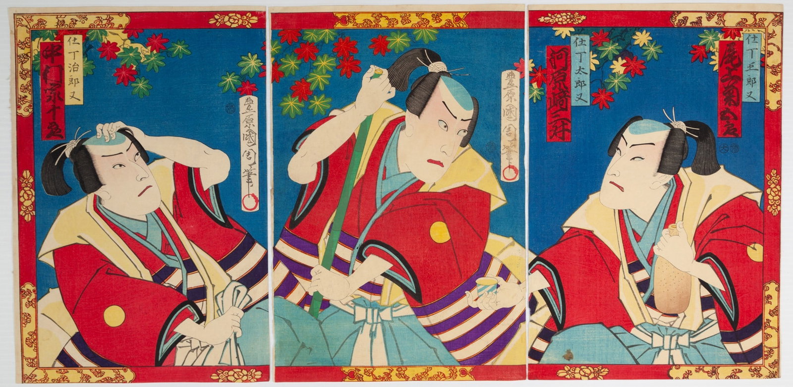 Kunichika, Kabuki Play, Antique Japanese Woodblock Print: Artist: Kunichika Toyohara (1835-1900) Title: Kabuki play, Hanamomiji Nori no Ongaku Publisher: Horinoya Tasuke Date: 1873 Size: (L)35.7 x 24.2 (C)35.7 x 24.2 (R)35.6 x 24.3 cm Condition: Light wear a