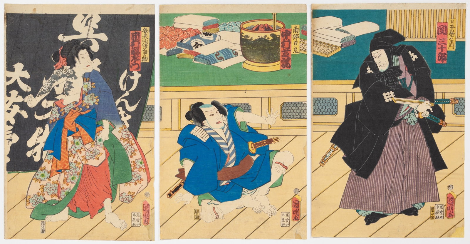 Kuniaki I Utagawa, Shiranami Goninotoko, Yakusha-e: Artist: Kuniaki I Utagawa (act.1840s-1860s) Title: Kabuki Play, Shiranami Goninotoko Publisher: Kiya Sojiro Date: 1862 Size: (L) 38.2 x 24.0, (C) 38.0 x 23.8, (R) 37.7 x 24.8 cm Condition: Restored ar