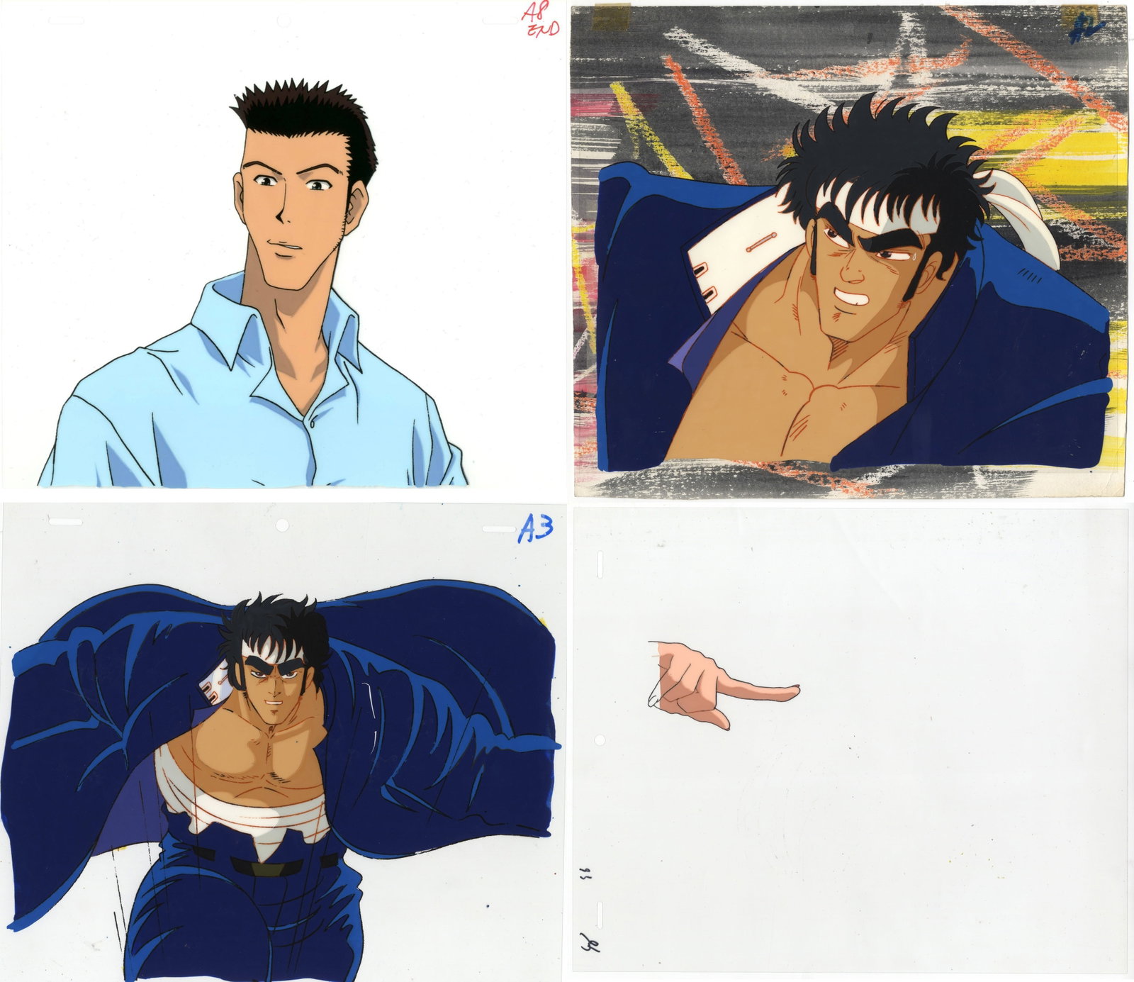 Set of 4 Hunter x Hunter, Sakigake Otokojuku Cel-ga: Item 1: Character: Leorio Paradinight Series: Hunter x Hunter Production Studio: Nippon Animation Date: 1999-2001 Condition: Sketch. Item 2: Character: Momotaru Tsurugi Series: Sakigake