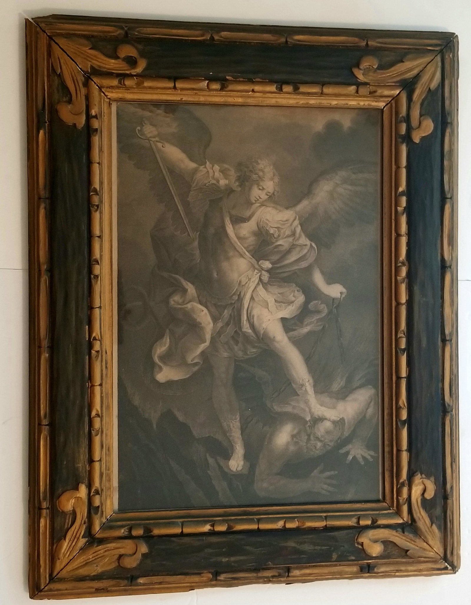 Antique Original Engraving Michaelangelo by Guido Reni: Original Engraving Guido Reni, Angel Michaelangelo. Original frame, it had termites before so it needs restoration (see pictures).