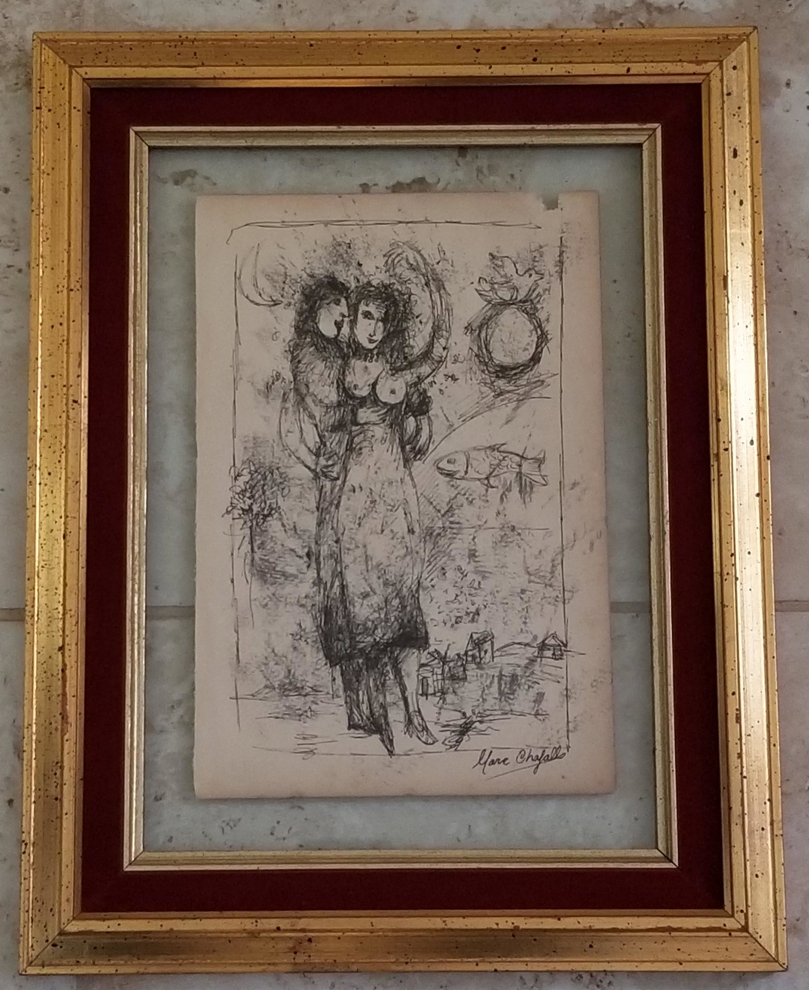 Marc Chagall Ink and Paper: Attributed to Marc Chagall, it does not have a COA. Medium: ink and paper. Painting in inches: 10 X 7. Provenance: Private collection. Nice frame and excellent details art painting, perfect for decora