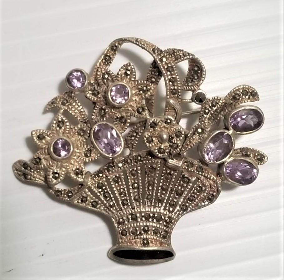 Sterling Silver Amethyst Bezel and Marcasite Pin Brooch (1 of 2)