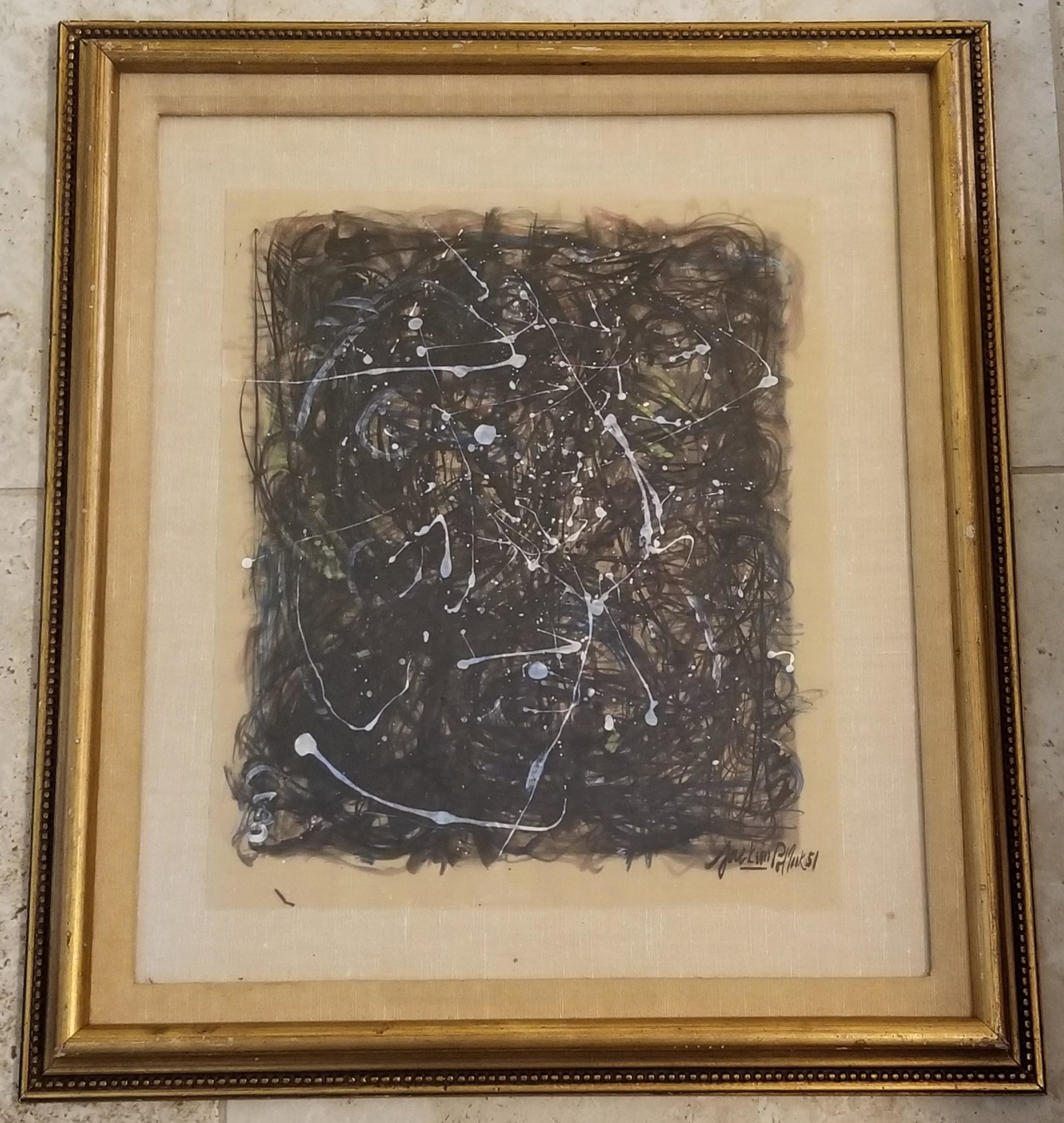 Jackson Pollock Mixed Media: Attrbuted to Jackson Pollock, it does not have a COA. Medium: Watercolor brush spatter and black and colored . Provenance: private owner. 22.25 x 25 inches. Biography: Born in Cody, Wyoming to Scotch-