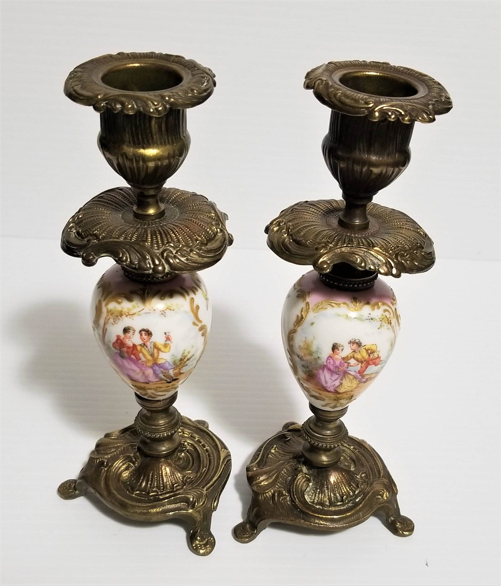 Antique Hand Painted Porcelain Bronze Candelabras: Hand painted porcelain, romantic scene, bronze candelabras, one candle 6 1/2" x 2 1/2" x 2 1/4"