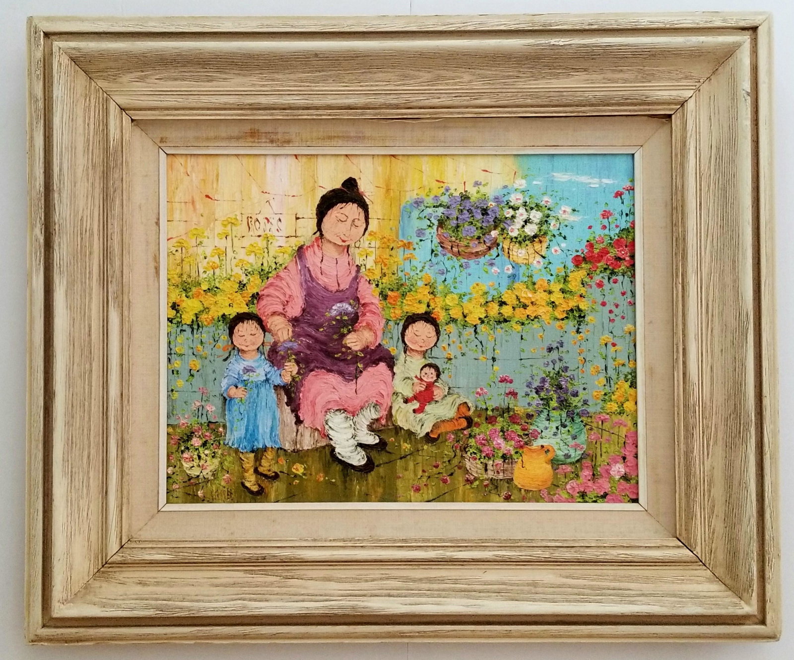 Mildred Barret Original Oil Canvas: Mildred Barret oil canvas, "Happy Family", size: 24 x 20 inches, value: $800. Provenance: private owner. Biography: The Manhattan-born Mildred Barrett is a woman to whom painting is capturing the mood