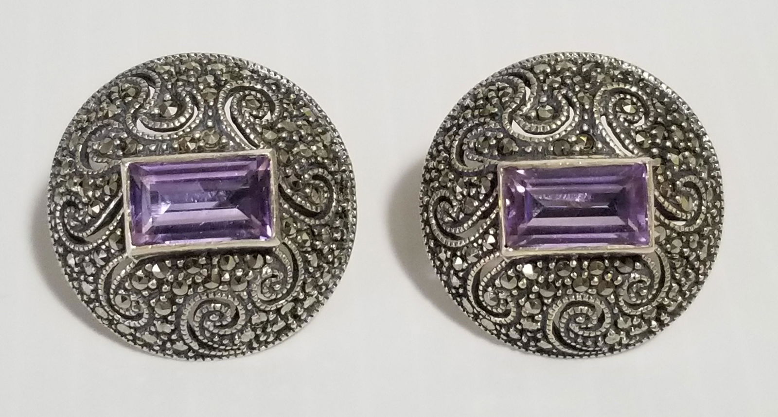 Victorian Marcasite Ametyst Sterling Silver Earrings (1 of 3)