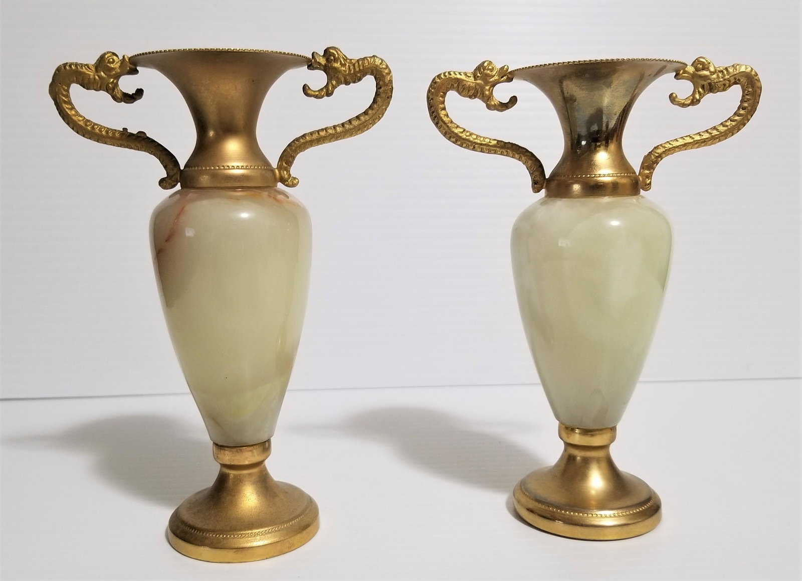 Vintage Onyx 1970 Amphora Vase Pair: Italian green Onyx, gold metal amphora vase pair, snakes on the handles