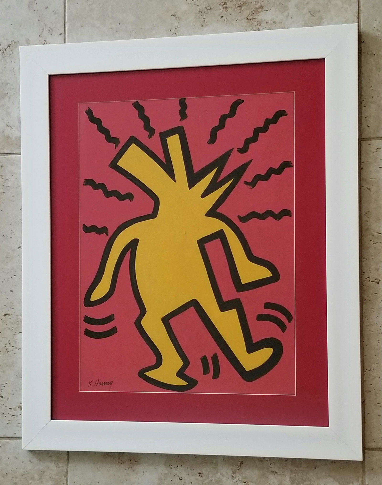 Keith Haring Mixed Media on Paper: Attributed to Keith Haring, it does not have a COA. Beautiful frame, nice colors. Medium: mixed media on paper. Size: 27.5 x 22.5 inches. Provenance: private owner from Jew Jersey. Biography: Born in 