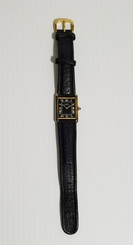 Must De Cartier 925 Leather Watch: Nice Must de Cartier 925 Argento Plaque OR G20 M Swiss 031202, decolored gold due to years used, machine works perfectly, case width 25mm x 30 mm, Value: $900