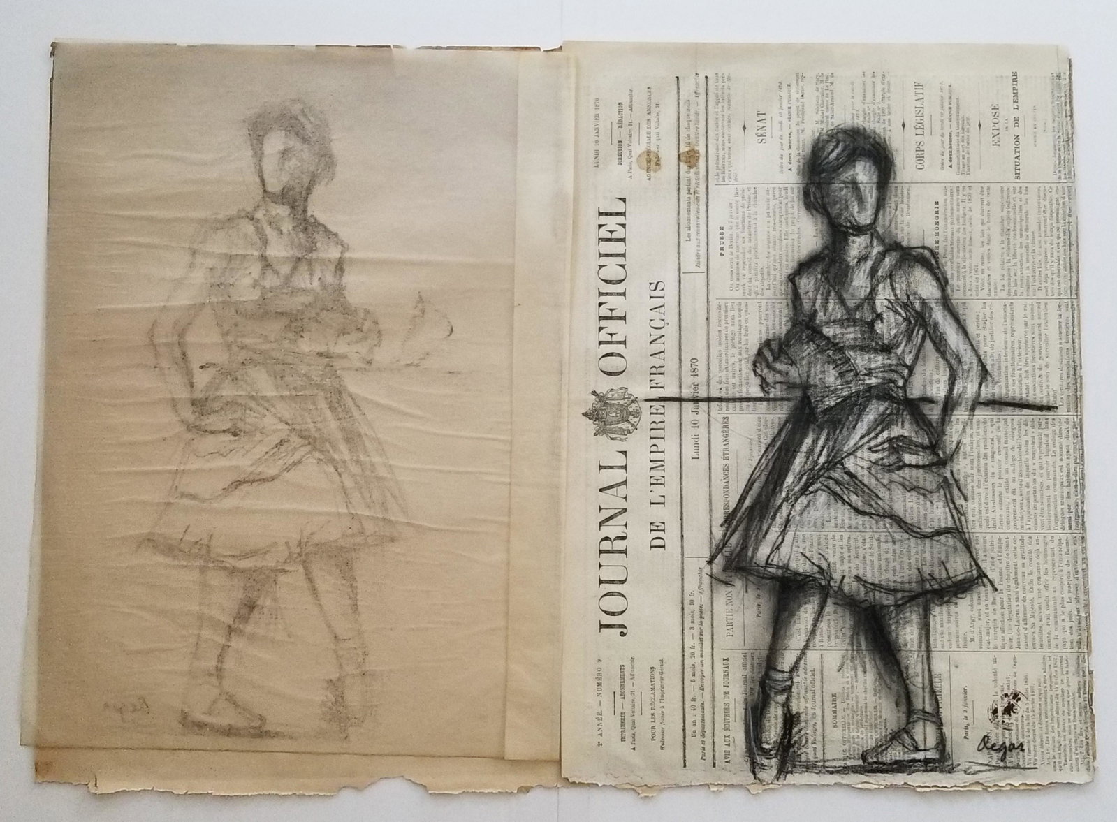 Edgar Degas Graphite on Newspaper: Fabulous Edgar Degas graphite on newspaper, balerina, ineligible stamp. Size: 17.5 x 12.5 inches. Provenance: private owner from Spain.