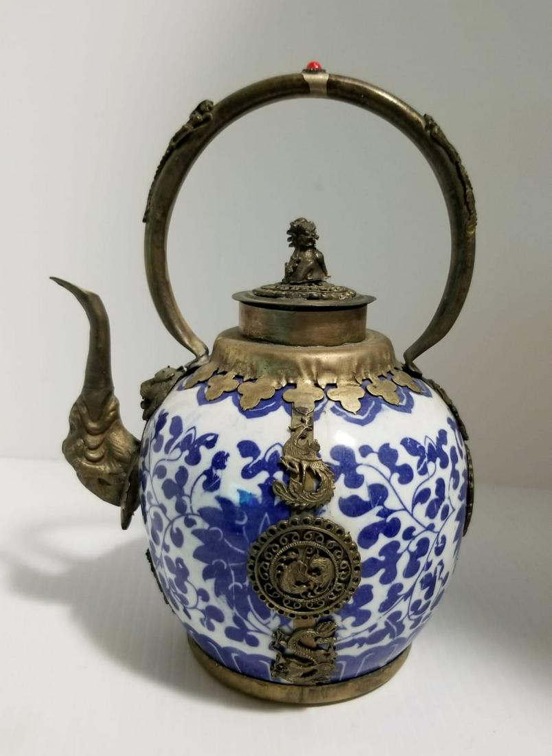 Nice Oriental White Blue and Silver Porcelain Tea Pot (1 of 4)