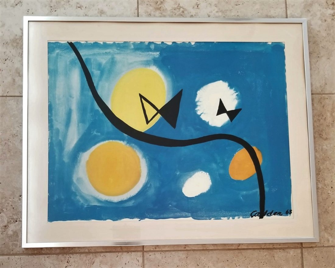 Hovering Bowties of Alexander Calder Lithograph 1963: Original vintage lithograph by Alexander Calder 1963. 36 x 28.5 inches. Provenance: private owner. Biography: One of America's best known sculptors, "Sandy" Calder became most famous for his kinetic a
