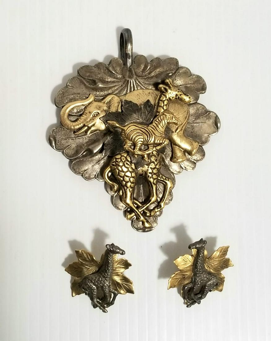 Vintage Large Silver Elephant Giraffe Zebra Necklace: Vintage large ornate necklace pendant silver spoon with silver and gold tone leaves, unusual beautiful set, pendant 4 3/8 x 3 5/8 inches, 11 cm x 9 cm, earrings 1 1/2 x 1 1/2 inches, 4 cm x 4 cm, 1930