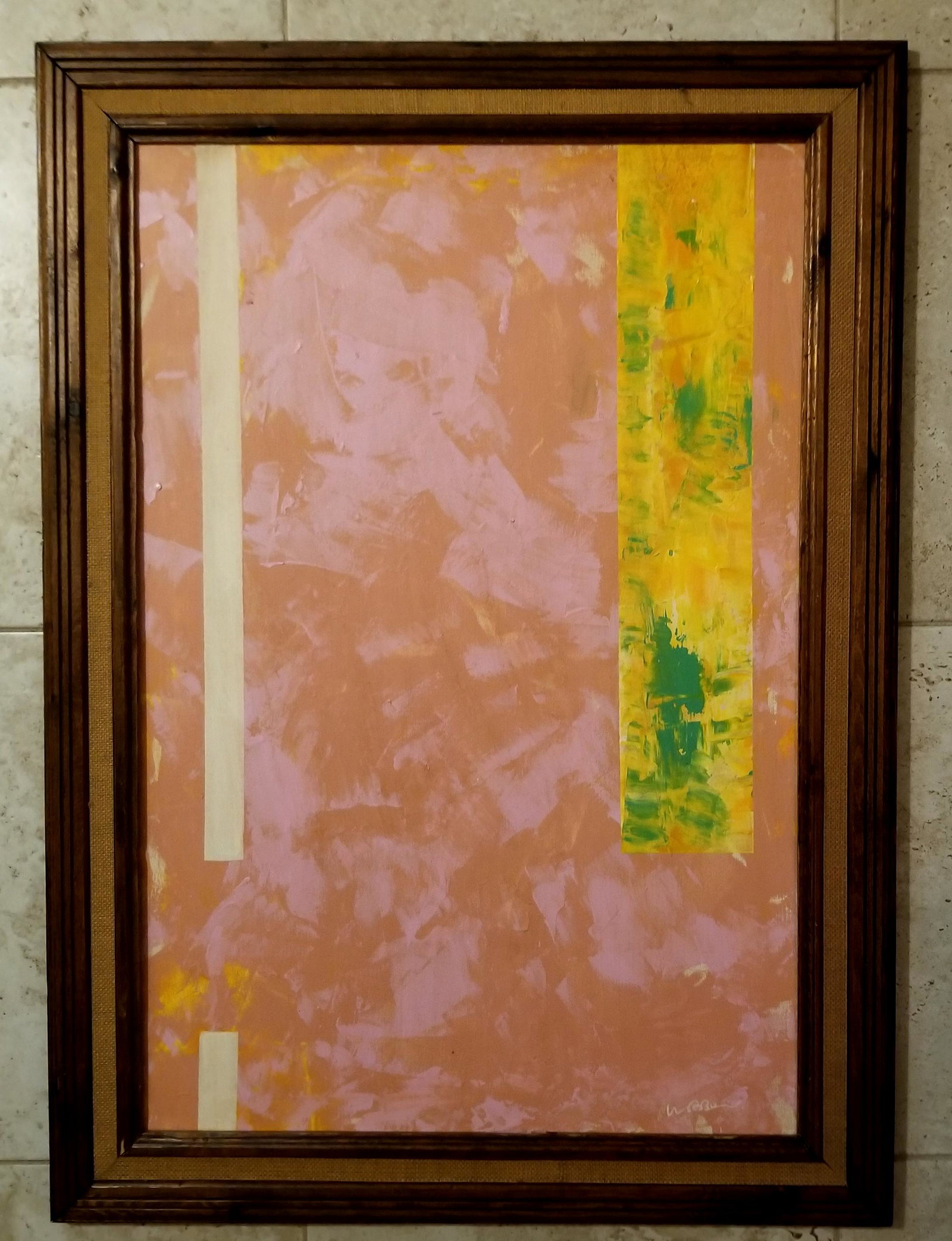 Walter Darby Bernard 1972 Acrylic Canvas: Attributed to Walter Darby Bernard, it does not have a COA. Medium: acrylic canvas. Amazing abstract painting, signed on the front and back, on the left side of the frame it seems like the color wore 