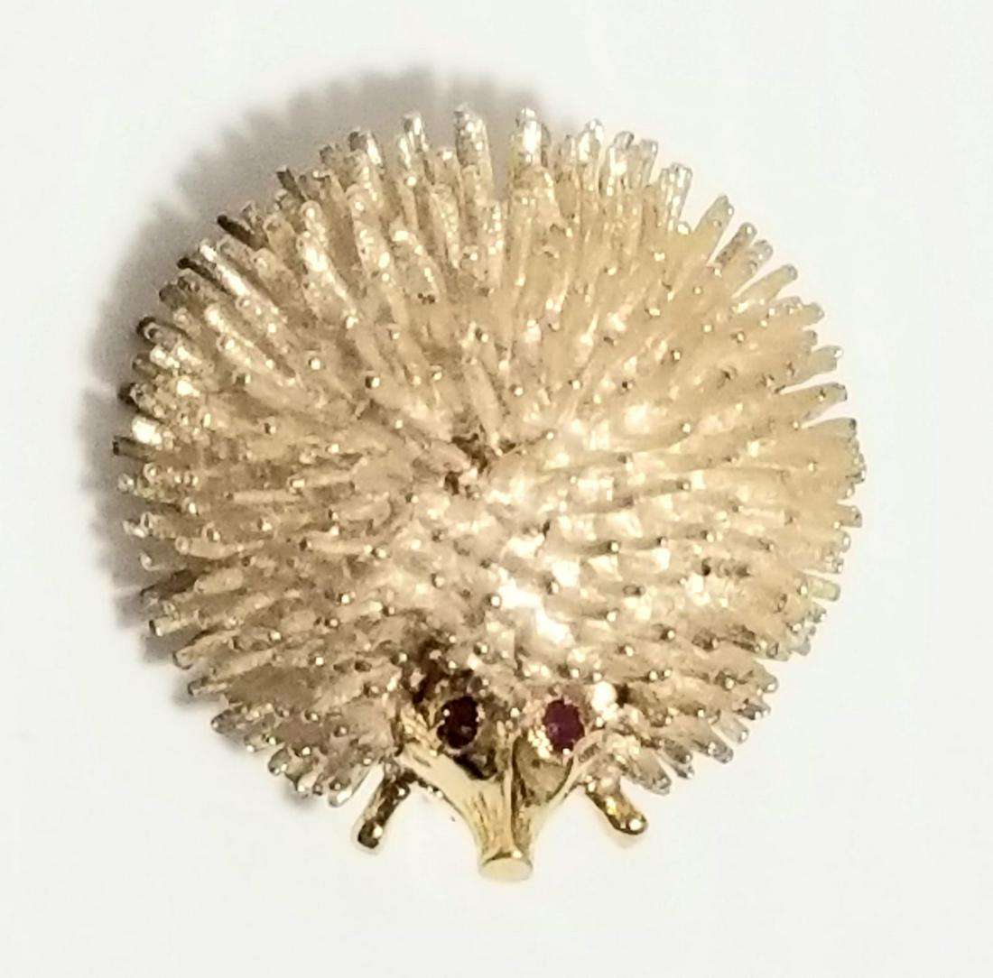 Vintage Sterling 14 KT Hedgehog Porcupine Ruby WE Pin: Beautiful sterling silver 14 kt yellow gold, hedgehog porcupine, red ruby eyes, mark sterling, 14 KT WE, 1 inch round, 11.2 grams