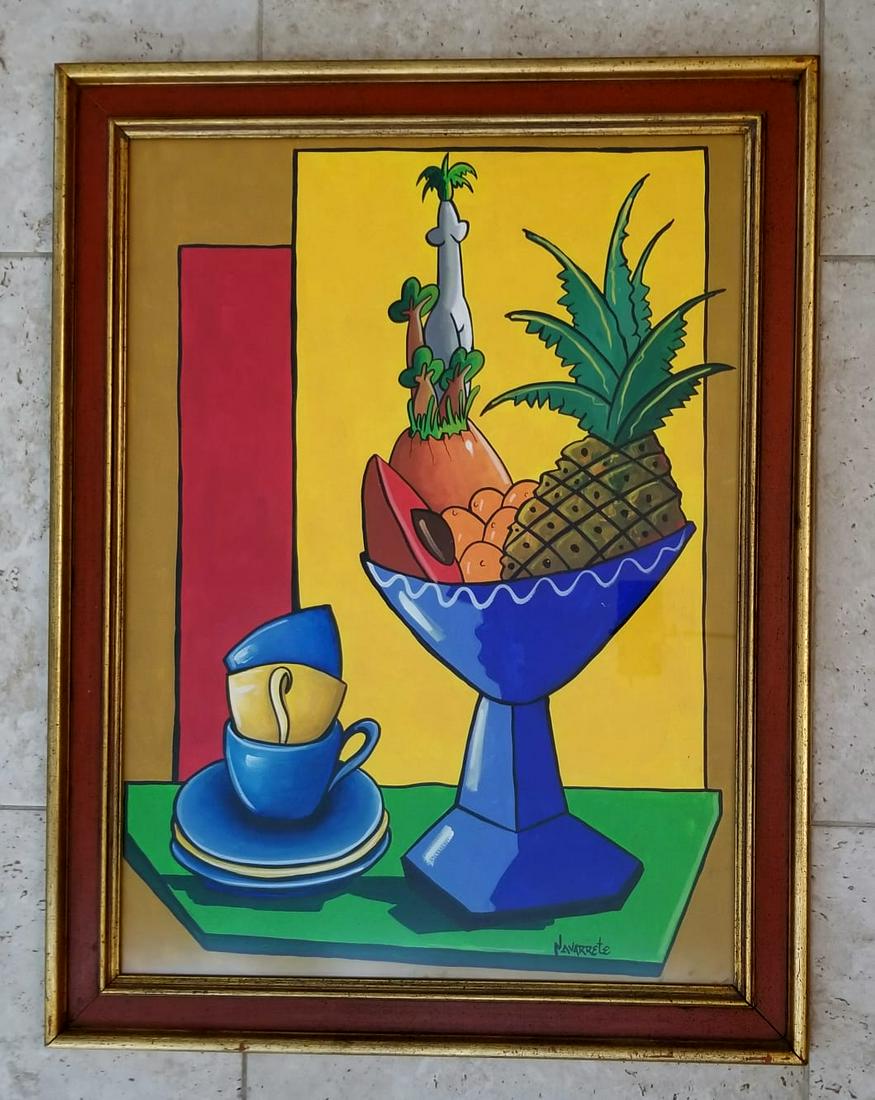 Juan Navarrete Still life Oil Paper: Juan Navarrete. Medium: oil paper. Beautiful multicolors, still life, by Cuban artist Juan Navarrete. 34.5 x 26.5 inches. Provenance: private owner. Biography: The artist was born in Havana in 1952 an